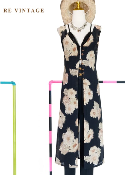 古典黑底米色菊花開襟長版罩衫/長洋裝1