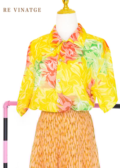 亮黃色小葉子雪紡襯衫1