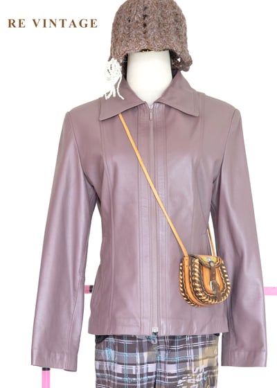 藕紫色極簡反領皮衣外套1