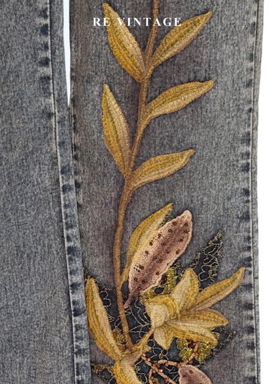 寂靜森林的秋收 - 宮廷蕾絲花卉刺繡牛仔褲（25-26"）6