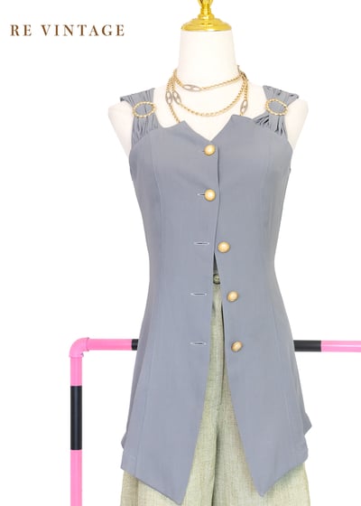 金屬釦環綠灰色旗氣質長版背心1