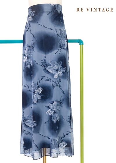 深藍水墨花卉畫網紗長裙（28-32"）7