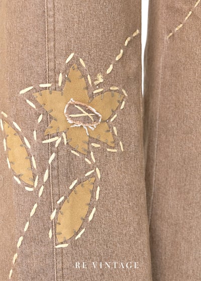 卡其棕拼接手縫小花中高腰褲褲（26"）9