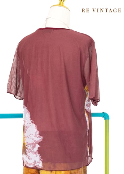 酒紅白花網紗上衣6