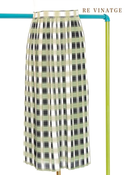 抹茶綠格紋百摺中長裙1