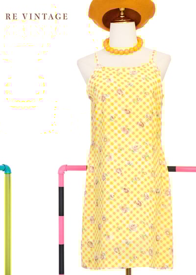 檸檬玫瑰格紋細肩帶迷你洋裝1