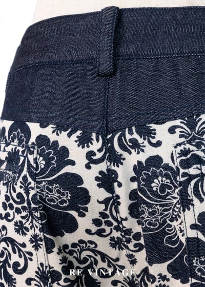 深藍白花復古花紋喇叭褲8