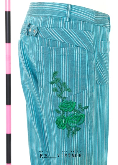 美臀綠花刺繡藍綠色直筒褲6