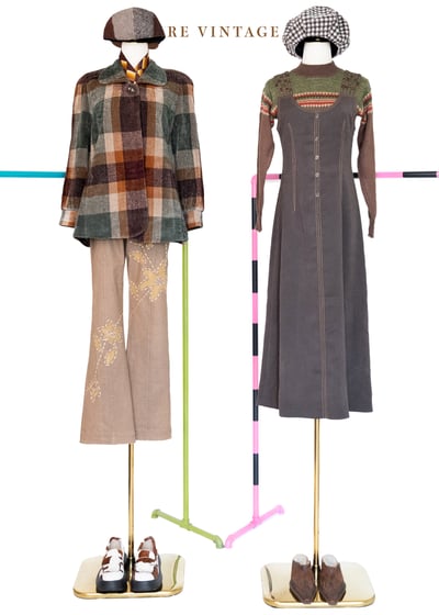 卡其棕拼接手縫小花中高腰褲褲（26"）2