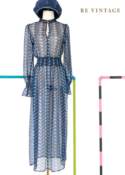 波光藍格輕紗復古長洋裝1