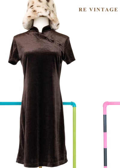 夜上海電台深巧克力色絨布洋裝1