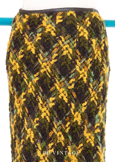 黃綠色菱格紋毛料流蘇及膝裙（25"）9