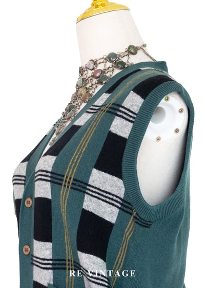 松針綠黑白格紋毛料針織背心7