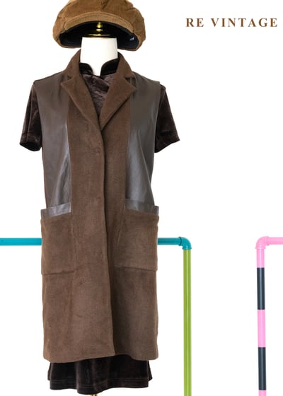 木桃色皮革拼接毛呢長版背心1