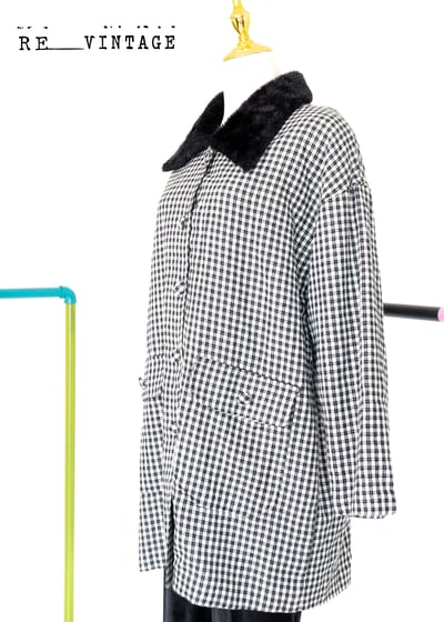 黑毛毛小格紋秋天薄款中長版外套4