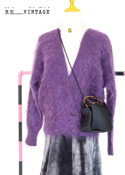 薰衣草紫色海馬毛雙排釦針織毛衣外套1