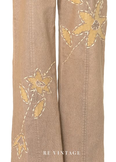 卡其棕拼接手縫小花中高腰褲褲（26"）4