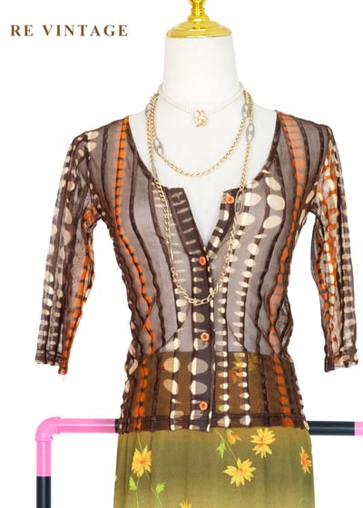 深棕橘子色圓點線條透膚上衣1