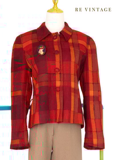 『歐洲寶物』法國製 - 氣質出眾的橘紅色不規則格紋西裝外套1