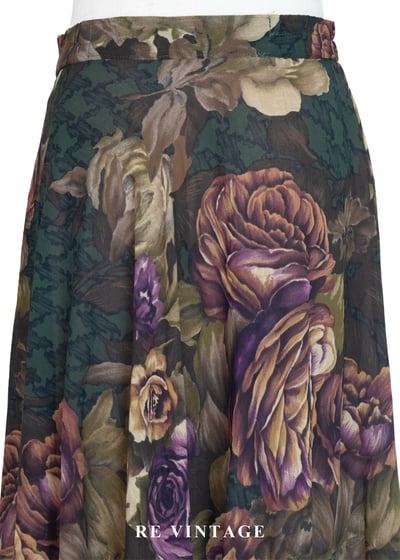 古典大花卉深苔綠千鳥格中長裙（~26"）10