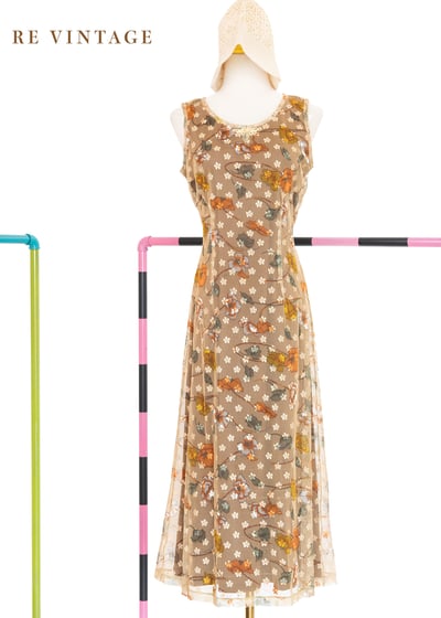 杏仁米色小花網紗洋裝1