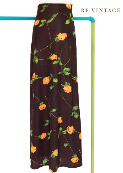 橘色小花高腰水水彈性布料長裙（23"-27"）6