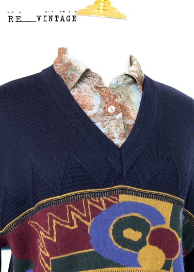 深藍色幾何圖形圖騰毛料針織上衣7