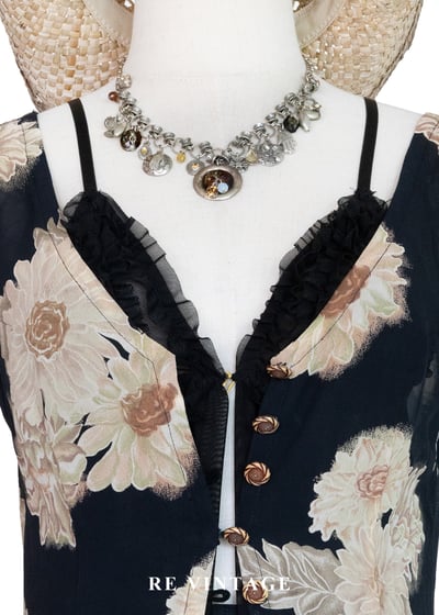 古典黑底米色菊花開襟長版罩衫/長洋裝4