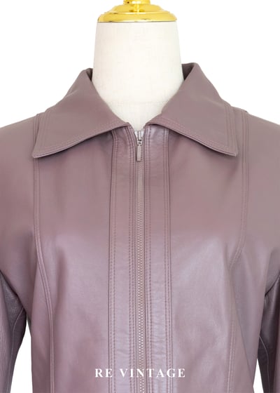 藕紫色極簡反領皮衣外套3