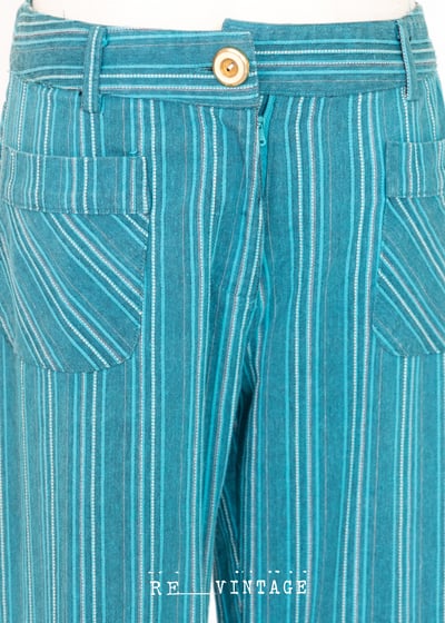 美臀綠花刺繡藍綠色直筒褲5