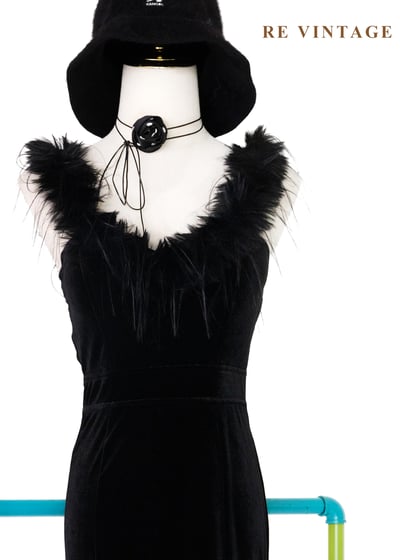 Hollywood 名伶黑羽毛絨布長洋裝3