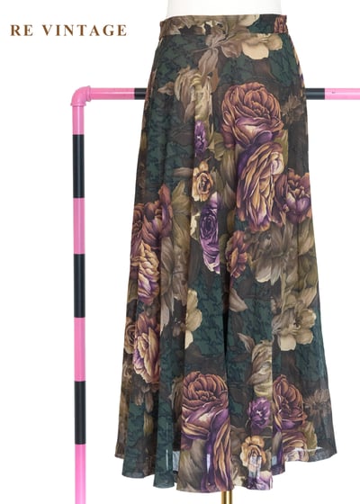 古典大花卉深苔綠千鳥格中長裙（~26"）7