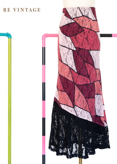 蕾絲粉紅色階幾何拼塊長裙（28"）1