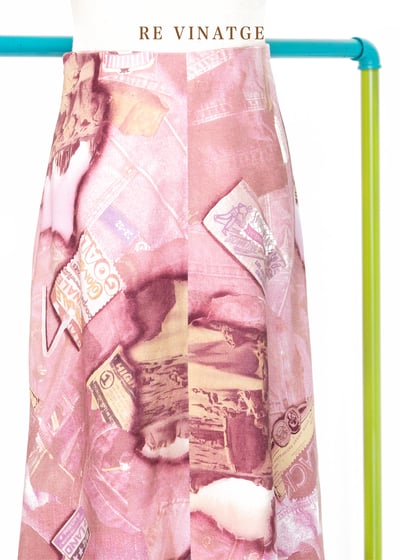 粉粉紅棉質仿牛仔拼接圖紋長裙（27")3