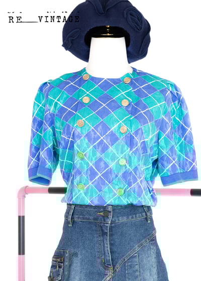 『紐約寶物』藍綠色菱格雙排釦超美上衣1