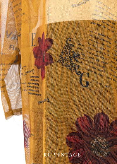 焦糖黃大紅花網紗長版襯衫10