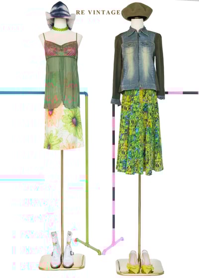 嫩綠與亮橘畫線花花美裙（25"）2