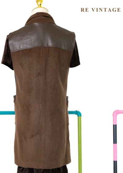 木桃色皮革拼接毛呢長版背心10