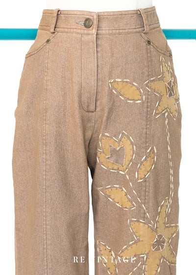 卡其棕拼接手縫小花中高腰褲褲（26"）3