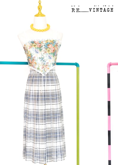 麻料手感的粉筆藍灰色格紋百褶裙7