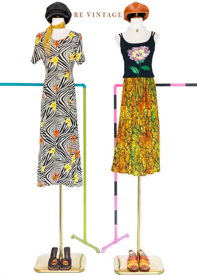 粉黃斑馬花朵洋流長洋裝2