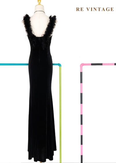 Hollywood 名伶黑羽毛絨布長洋裝12