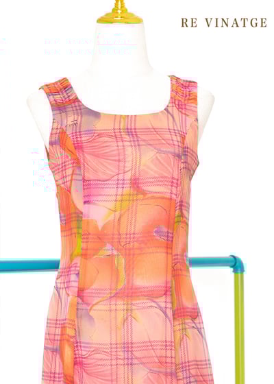 粉紅大花格紋雪紡長洋裝3