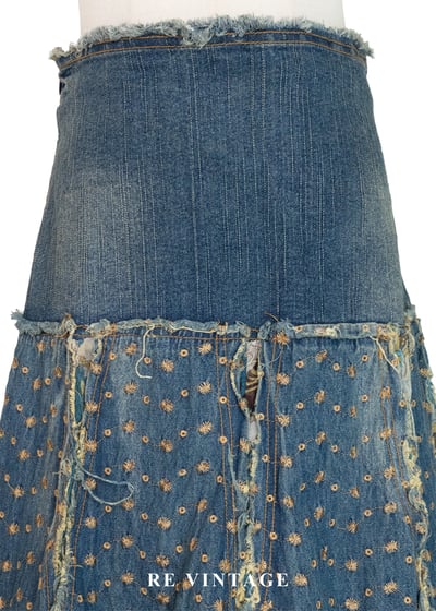 叛逆愛麗絲 - 洗舊小花拼貼丹寧美裙（29"）3