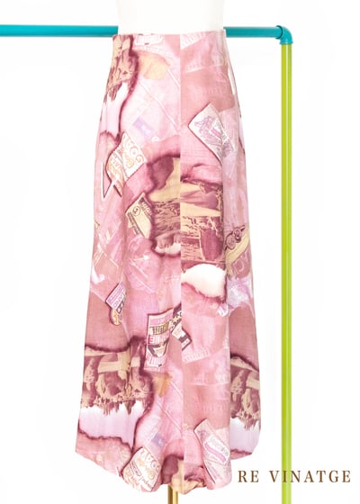 粉粉紅棉質仿牛仔拼接圖紋長裙（27")1