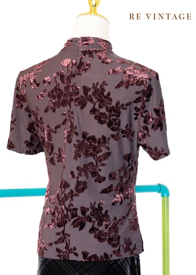 酒紅盛開の花朵短袖上衣6
