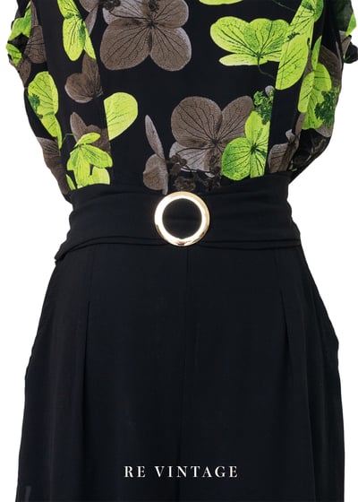 綠色花影黑雪紡連身褲5