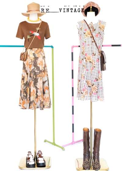 巧克力小格紋粉紅小花中長版洋裝2