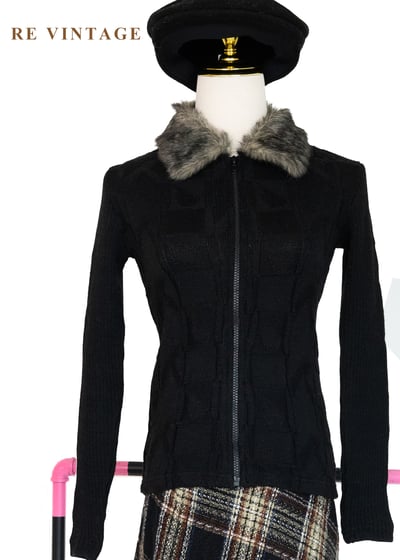 棋盤格紋毛領針織外套1