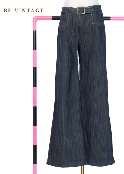 質感單品 - 經典條紋藍棕色寬版牛仔褲（26"）1